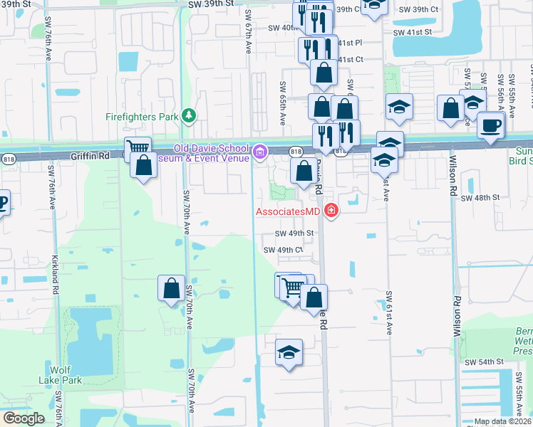 map of restaurants, bars, coffee shops, grocery stores, and more near 6622 Southwest 48th Street in Davie