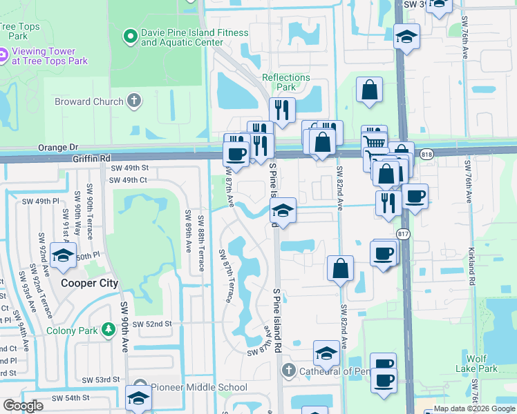 map of restaurants, bars, coffee shops, grocery stores, and more near 8619 Southwest 51st Street in Cooper City