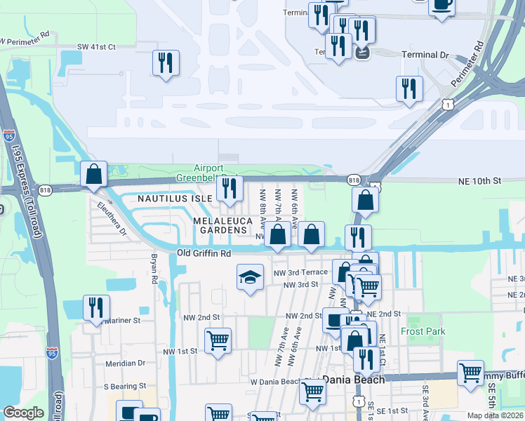 map of restaurants, bars, coffee shops, grocery stores, and more near 719 Northwest 8th Avenue in Dania Beach