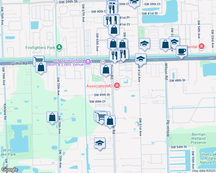 map of restaurants, bars, coffee shops, grocery stores, and more near in Davie