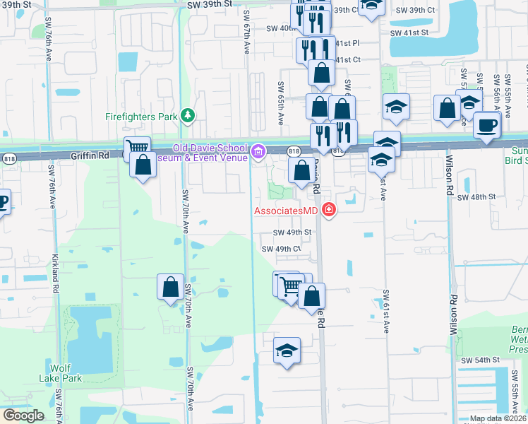 map of restaurants, bars, coffee shops, grocery stores, and more near 6622 Southwest 48th Street in Davie