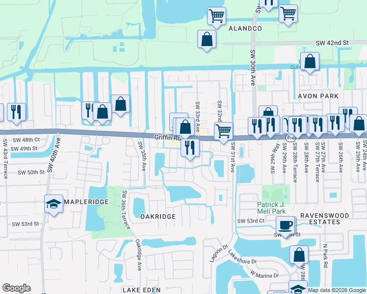 map of restaurants, bars, coffee shops, grocery stores, and more near 4914 Southwest 33rd Avenue in Fort Lauderdale