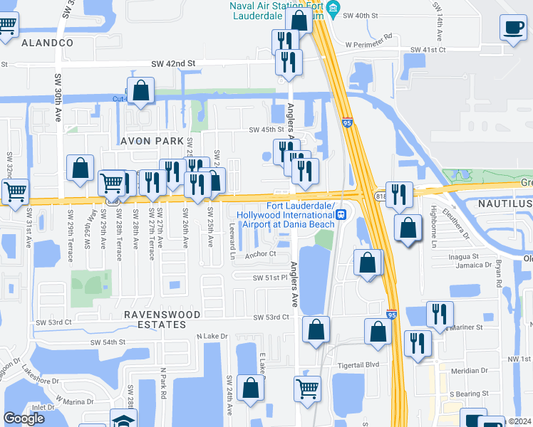 map of restaurants, bars, coffee shops, grocery stores, and more near 4929 Tradewinds Terrace in Fort Lauderdale