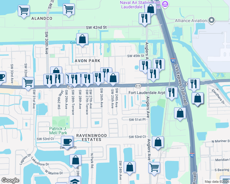 map of restaurants, bars, coffee shops, grocery stores, and more near 4848 Southwest 25th Avenue in Fort Lauderdale