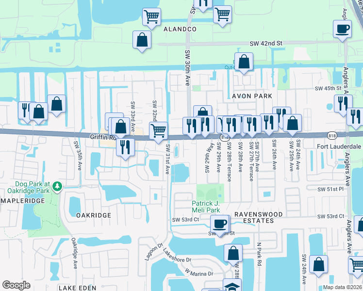 map of restaurants, bars, coffee shops, grocery stores, and more near 4952 Southwest 30th Terrace in Fort Lauderdale