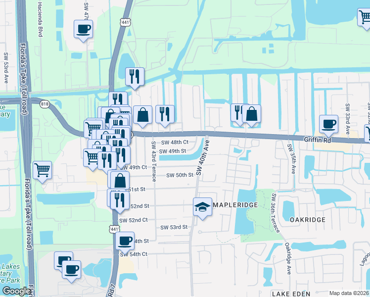 map of restaurants, bars, coffee shops, grocery stores, and more near 4212 Southwest 49th Street in Fort Lauderdale
