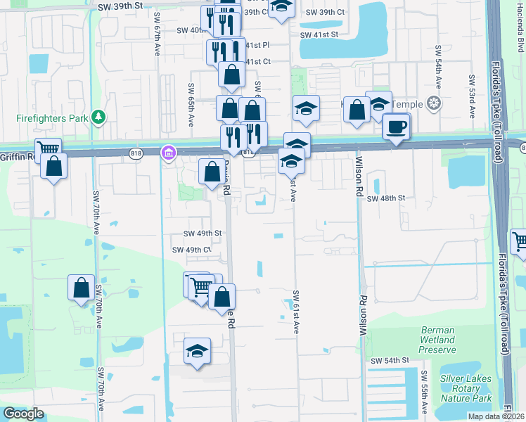 map of restaurants, bars, coffee shops, grocery stores, and more near 47 Lauderdale Manor Drive in Davie
