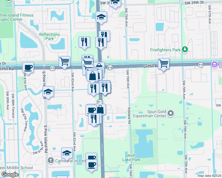 map of restaurants, bars, coffee shops, grocery stores, and more near 4700 Southwest 78th Avenue in Davie