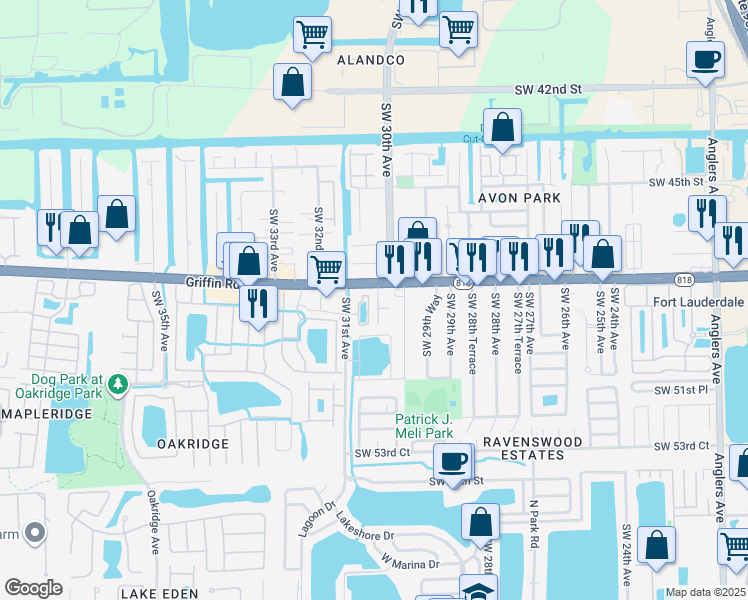 map of restaurants, bars, coffee shops, grocery stores, and more near 4952 Southwest 30th Terrace in Fort Lauderdale