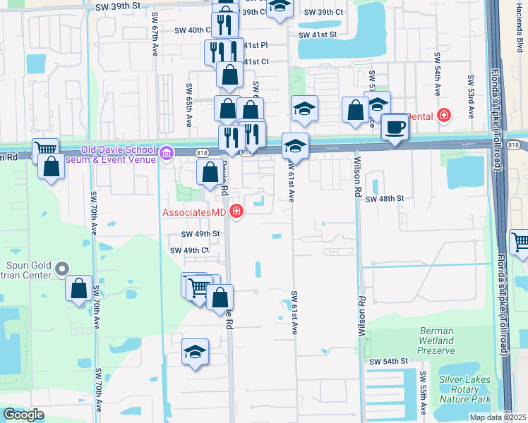 map of restaurants, bars, coffee shops, grocery stores, and more near 6235 Southwest 47th Manor in Davie
