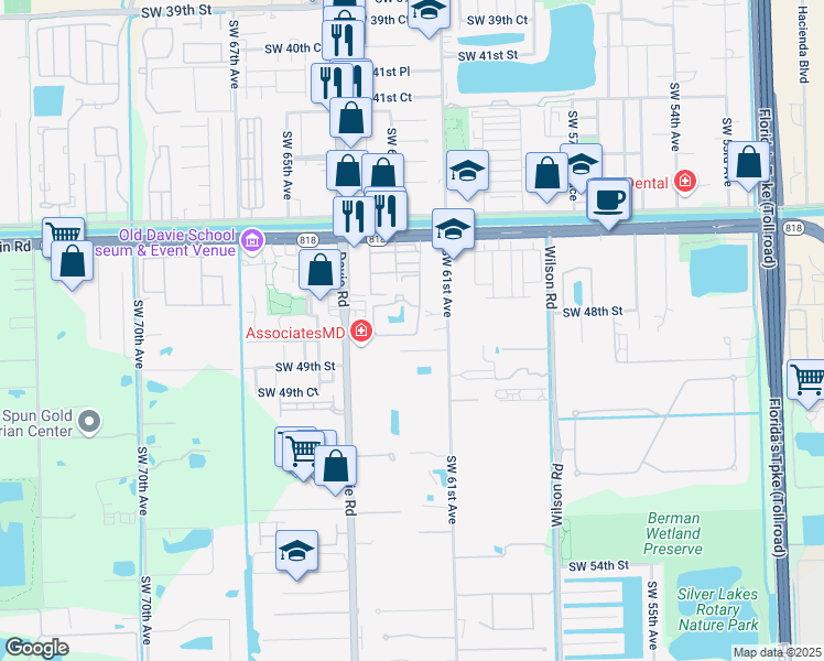 map of restaurants, bars, coffee shops, grocery stores, and more near 4785 Southwest 62nd Avenue in Davie