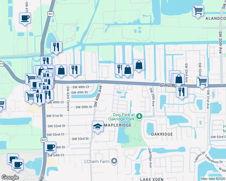 map of restaurants, bars, coffee shops, grocery stores, and more near 4916 Southwest 38th Way in Fort Lauderdale