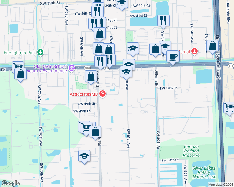 map of restaurants, bars, coffee shops, grocery stores, and more near 4785 Southwest 62nd Avenue in Davie