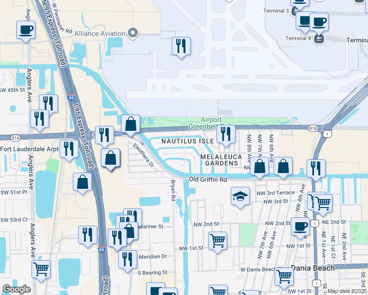 map of restaurants, bars, coffee shops, grocery stores, and more near 820 Northwest 14th Avenue in Dania Beach
