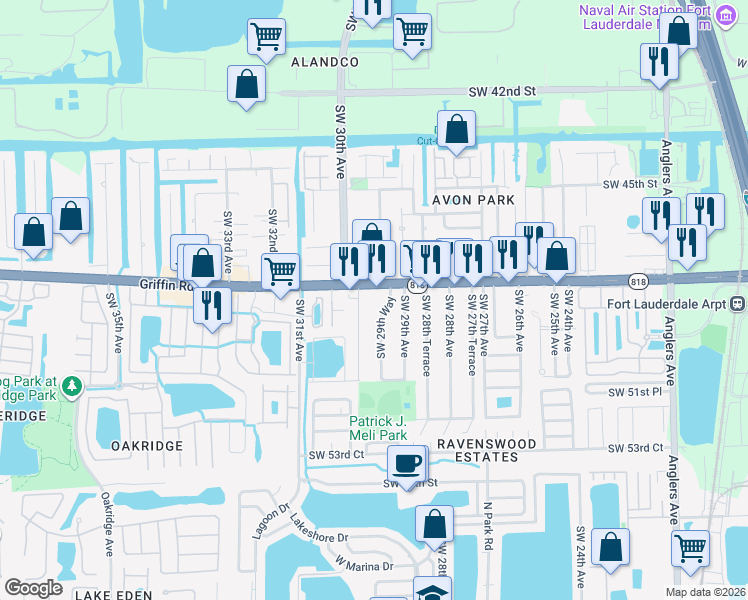 map of restaurants, bars, coffee shops, grocery stores, and more near 2950 Florida 818 in Fort Lauderdale