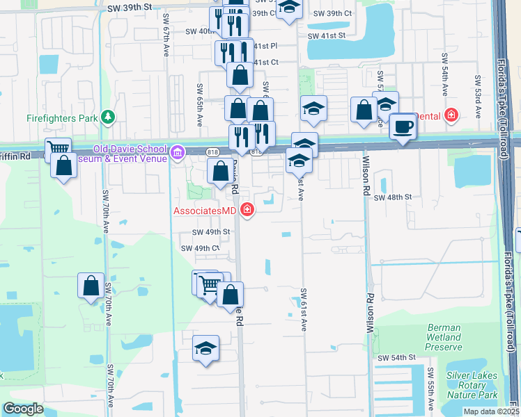 map of restaurants, bars, coffee shops, grocery stores, and more near 6250 Southwest 47th Court in Davie