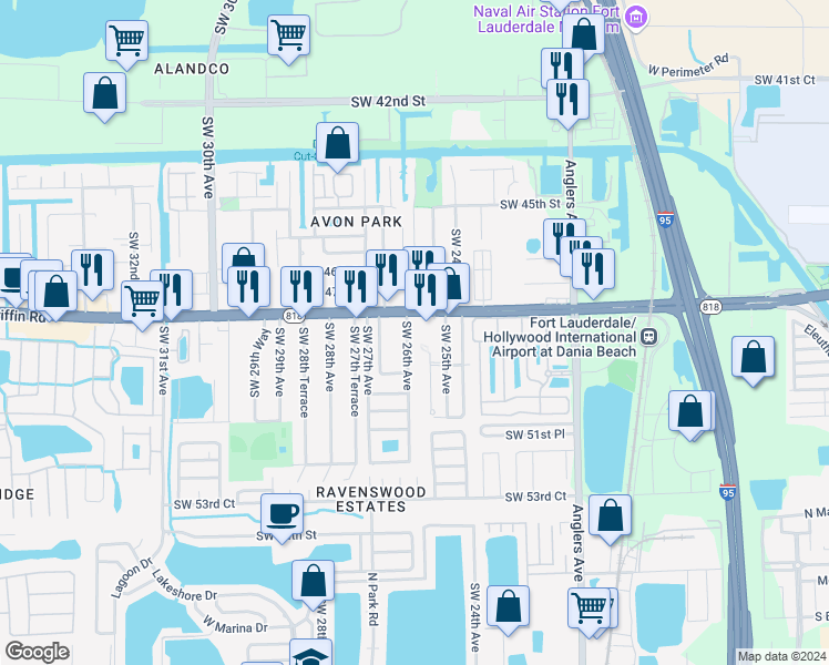 map of restaurants, bars, coffee shops, grocery stores, and more near 2608 Griffin Road in Fort Lauderdale
