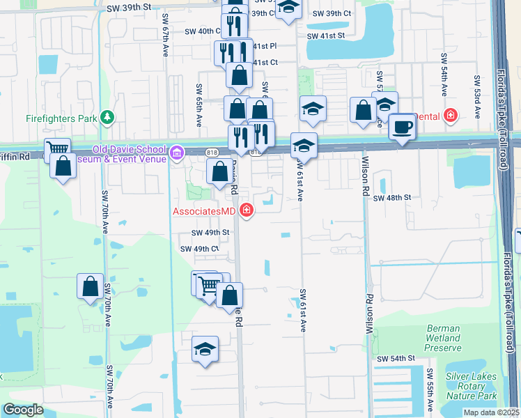map of restaurants, bars, coffee shops, grocery stores, and more near 6250 Southwest 47th Court in Davie