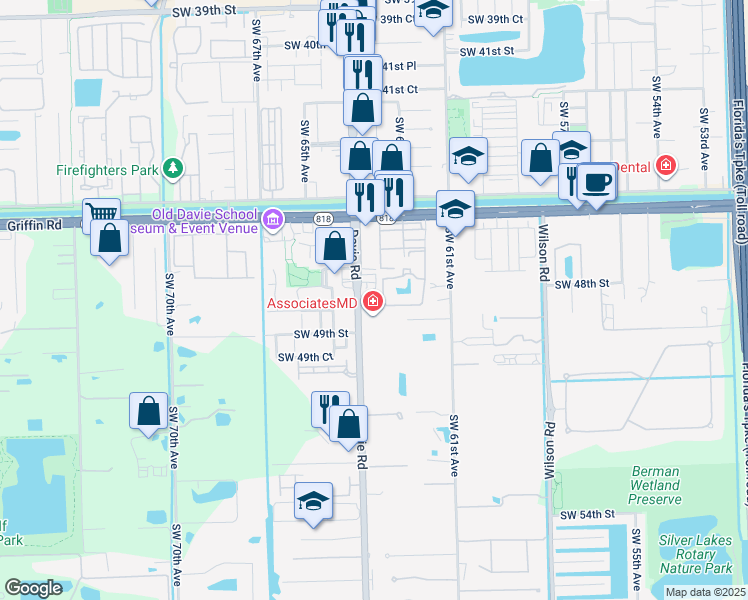 map of restaurants, bars, coffee shops, grocery stores, and more near 4740 Southwest 64th Avenue in Davie