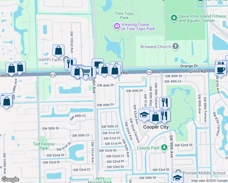 map of restaurants, bars, coffee shops, grocery stores, and more near 4920 Southwest 94th Avenue in Cooper City