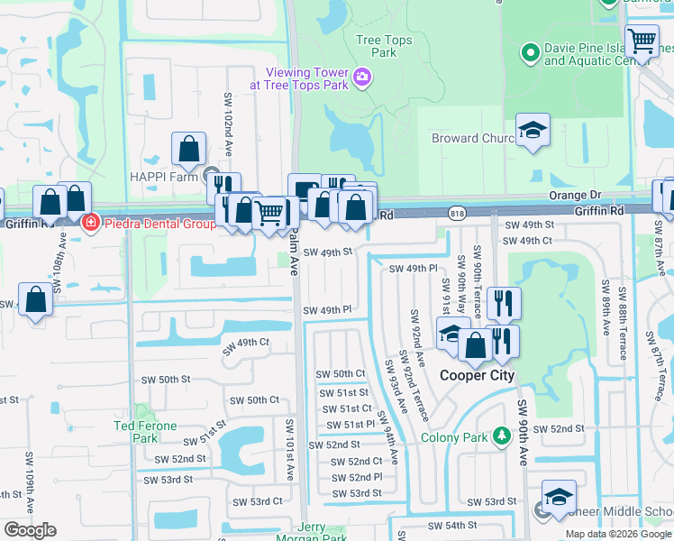 map of restaurants, bars, coffee shops, grocery stores, and more near 9430 Southwest 49th Street in Cooper City