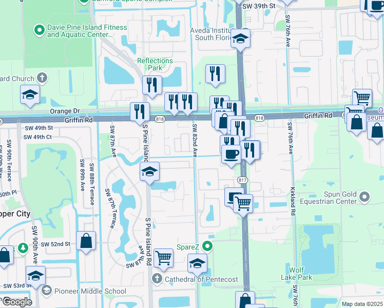 map of restaurants, bars, coffee shops, grocery stores, and more near 4791 Southwest 82nd Avenue in Davie
