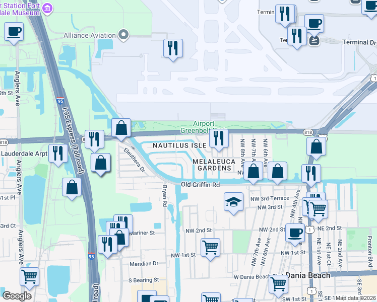 map of restaurants, bars, coffee shops, grocery stores, and more near 963 Nautilus Isle in Dania Beach