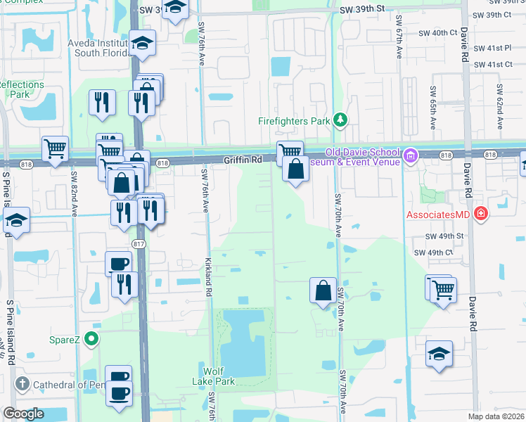 map of restaurants, bars, coffee shops, grocery stores, and more near 4755 Southwest 73rd Avenue in Davie