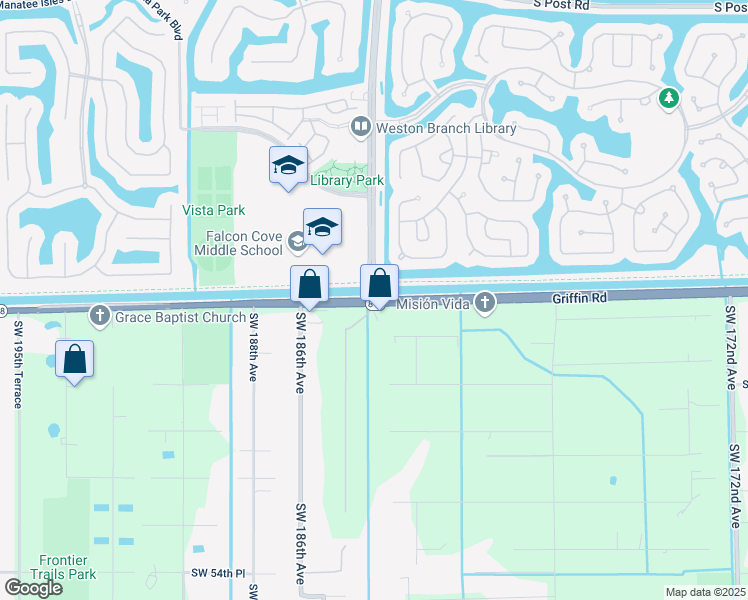 map of restaurants, bars, coffee shops, grocery stores, and more near Griffin Road & Bonaventure Boulevard in Southwest Ranches