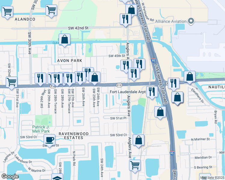map of restaurants, bars, coffee shops, grocery stores, and more near 2231 Florida 818 in Fort Lauderdale
