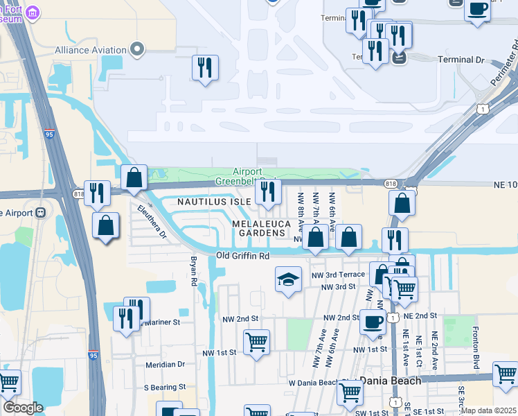 map of restaurants, bars, coffee shops, grocery stores, and more near 817 Northwest 12th Avenue in Dania Beach
