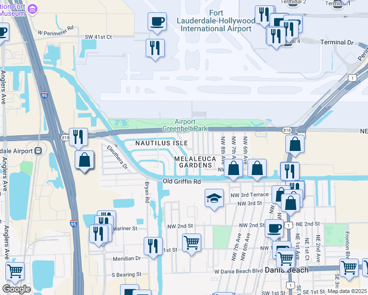 map of restaurants, bars, coffee shops, grocery stores, and more near 817 Northwest 12th Avenue in Dania Beach