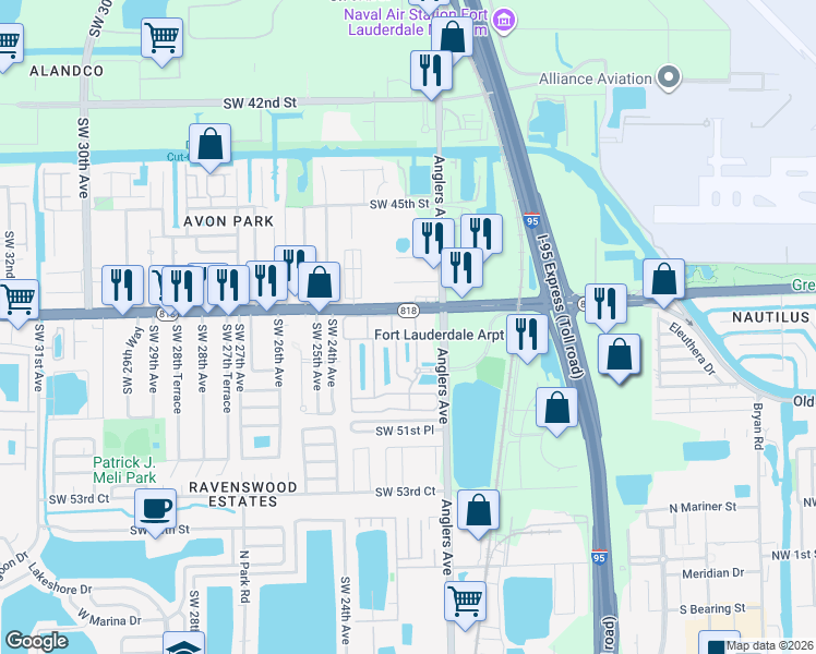 map of restaurants, bars, coffee shops, grocery stores, and more near 2231 Florida 818 in Fort Lauderdale