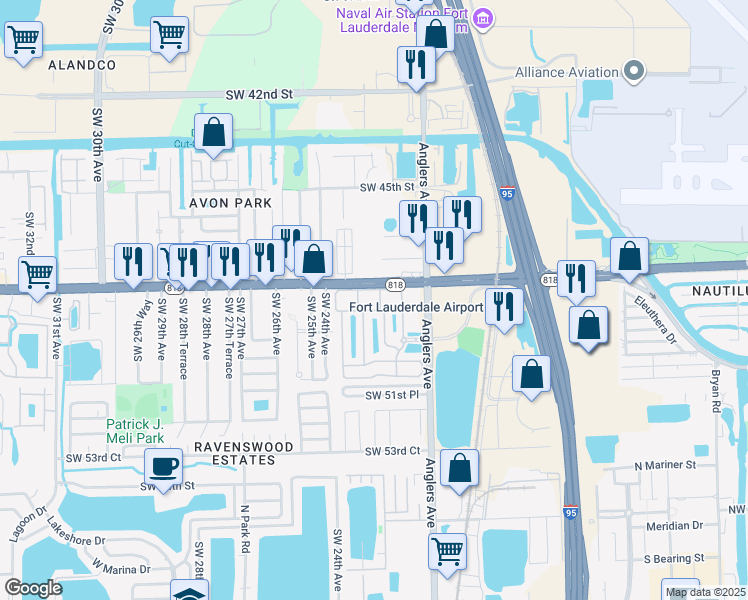 map of restaurants, bars, coffee shops, grocery stores, and more near 2231 Florida 818 in Fort Lauderdale