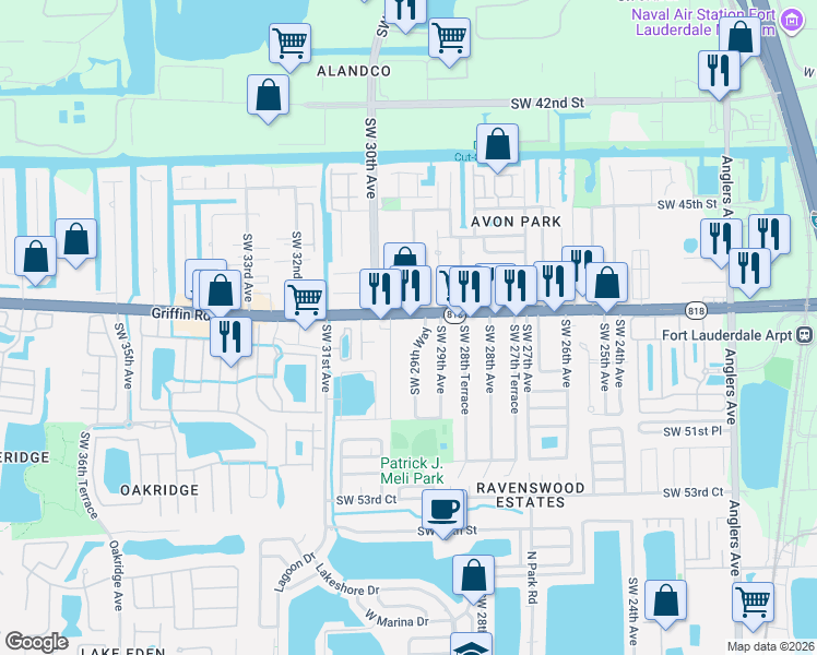 map of restaurants, bars, coffee shops, grocery stores, and more near 2950 Florida 818 in Fort Lauderdale