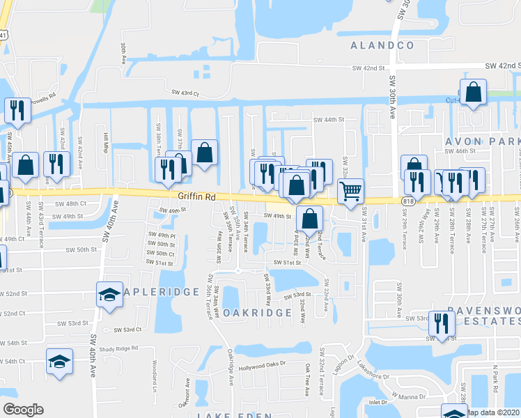 map of restaurants, bars, coffee shops, grocery stores, and more near 4814 Southwest 34th Street in Hollywood