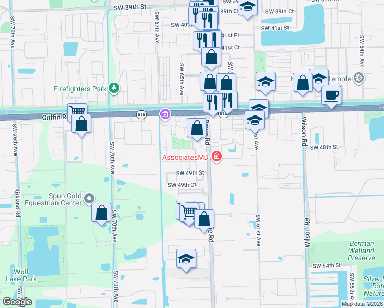map of restaurants, bars, coffee shops, grocery stores, and more near 6550 Southwest 47th Street in Davie