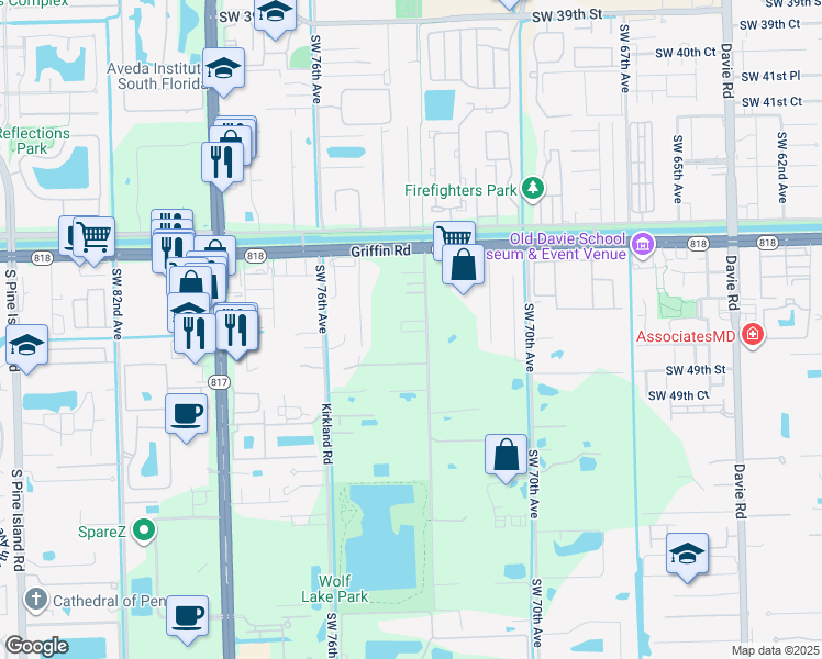 map of restaurants, bars, coffee shops, grocery stores, and more near 4755 Southwest 73rd Avenue in Davie