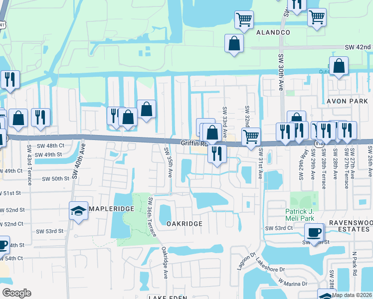 map of restaurants, bars, coffee shops, grocery stores, and more near 4814 Southwest 34th Street in Hollywood