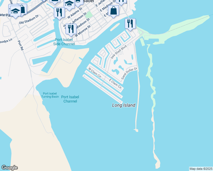 map of restaurants, bars, coffee shops, grocery stores, and more near 755 East Clam Circle in Port Isabel