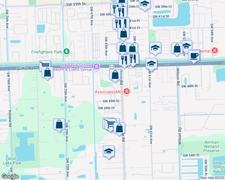 map of restaurants, bars, coffee shops, grocery stores, and more near 6550 Southwest 47th Street in Davie