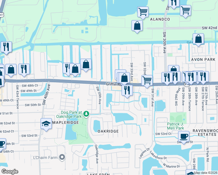 map of restaurants, bars, coffee shops, grocery stores, and more near 4814 Southwest 34th Street in Hollywood