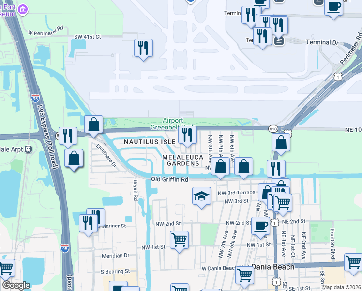 map of restaurants, bars, coffee shops, grocery stores, and more near 817 Northwest 12th Avenue in Dania Beach