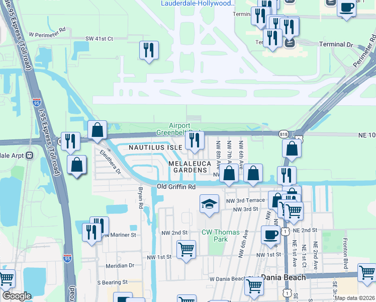 map of restaurants, bars, coffee shops, grocery stores, and more near 817 Northwest 12th Avenue in Dania Beach
