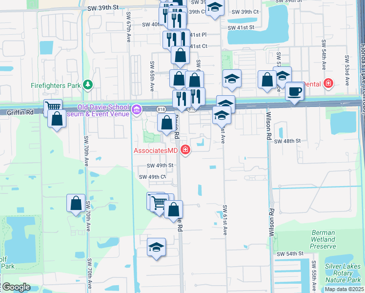 map of restaurants, bars, coffee shops, grocery stores, and more near 4740 Southwest 64th Avenue in Davie