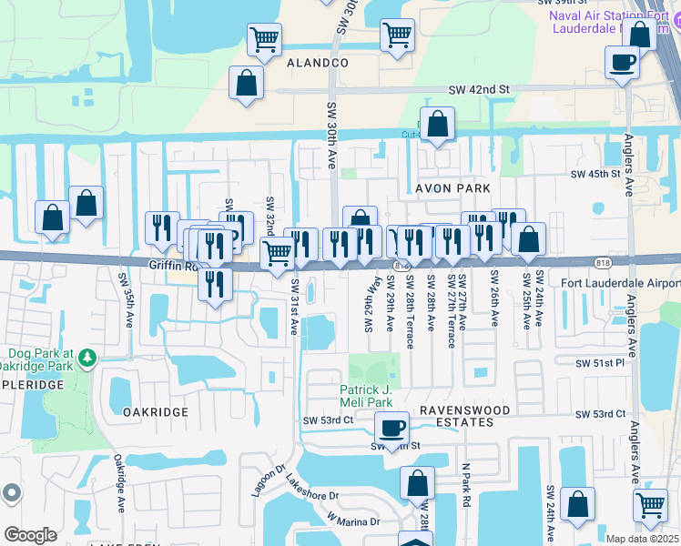 map of restaurants, bars, coffee shops, grocery stores, and more near 3001 Southwest 30th Avenue in Fort Lauderdale