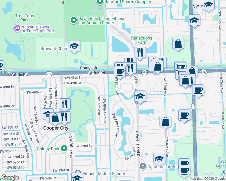 map of restaurants, bars, coffee shops, grocery stores, and more near 4900 Southwest 87th Avenue in Cooper City