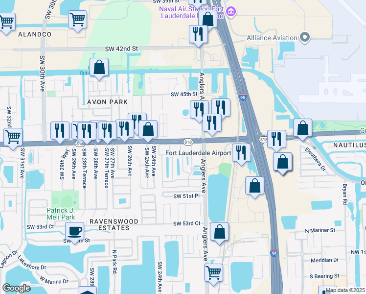 map of restaurants, bars, coffee shops, grocery stores, and more near 2231 Florida 818 in Fort Lauderdale