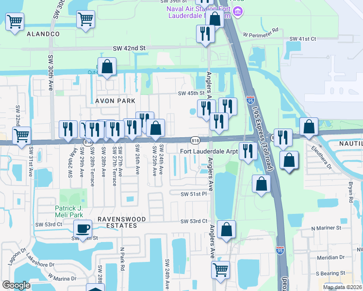 map of restaurants, bars, coffee shops, grocery stores, and more near 2231 Florida 818 in Fort Lauderdale