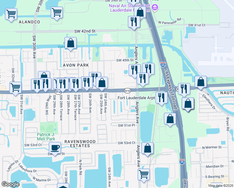 map of restaurants, bars, coffee shops, grocery stores, and more near 2333 Griffin Road in Fort Lauderdale